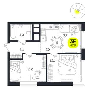 3-к квартира, вторичка, 48м2, 23/27 этаж