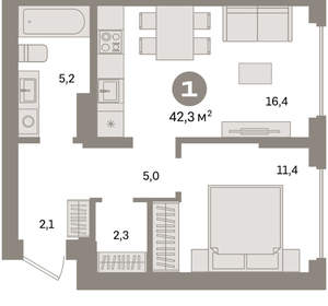 1-к квартира, вторичка, 42м2, 6/16 этаж