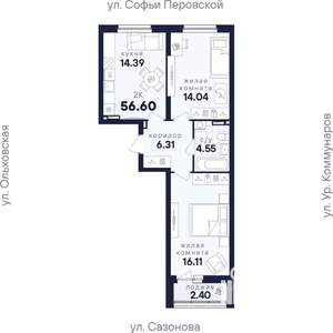 2-к квартира, вторичка, 57м2, 1/18 этаж