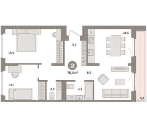 2-к квартира, вторичка, 76м2, 7/16 этаж