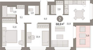 2-к квартира, вторичка, 69м2, 9/9 этаж