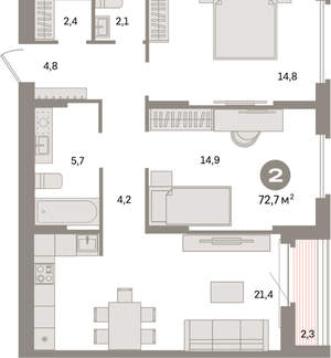 2-к квартира, вторичка, 73м2, 9/16 этаж