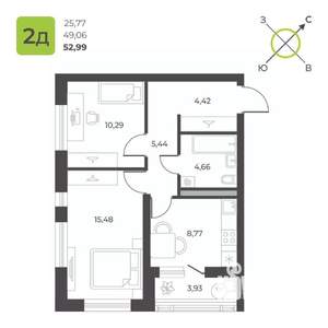 2-к квартира, строящийся дом, 53м2, 22/23 этаж