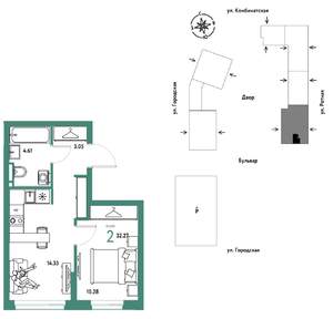 2-к квартира, строящийся дом, 32м2, 18/24 этаж