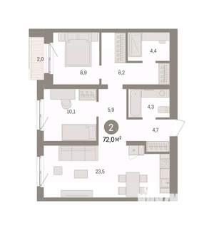 2-к квартира, вторичка, 72м2, 2/15 этаж