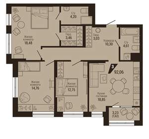 3-к квартира, вторичка, 92м2, 2/23 этаж