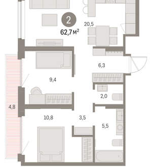2-к квартира, вторичка, 63м2, 3/9 этаж