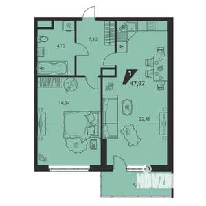 2-к квартира, вторичка, 48м2, 18/25 этаж