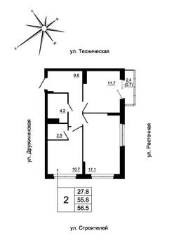 2-к квартира, строящийся дом, 55м2, 14/19 этаж