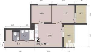 2-к квартира, вторичка, 55м2, 13/19 этаж