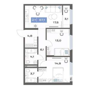 2-к квартира, строящийся дом, 67м2, 14/17 этаж
