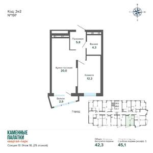 1-к квартира, вторичка, 45м2, 18/25 этаж