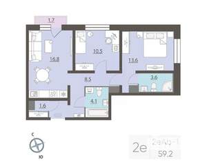 2-к квартира, вторичка, 59м2, 8/25 этаж