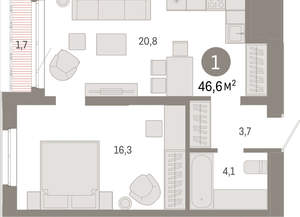 1-к квартира, вторичка, 47м2, 15/24 этаж