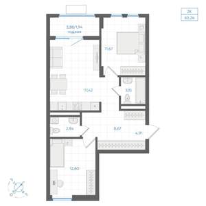 2-к квартира, строящийся дом, 63м2, 3/4 этаж