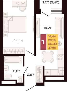1-к квартира, вторичка, 38м2, 17/30 этаж
