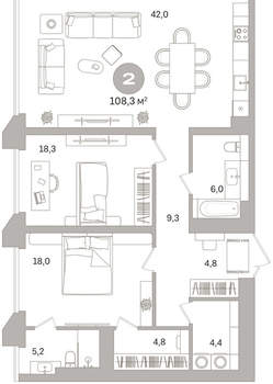 2-к квартира, вторичка, 108м2, 7/25 этаж