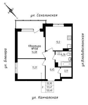 2-к квартира, строящийся дом, 53м2, 14/25 этаж