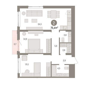 2-к квартира, вторичка, 75м2, 9/25 этаж