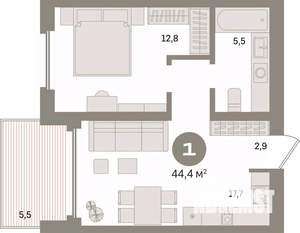 1-к квартира, вторичка, 44м2, 15/24 этаж