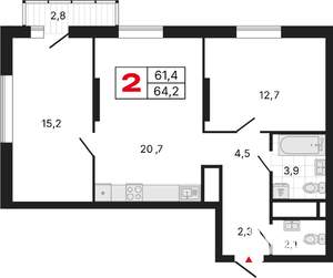 2-к квартира, строящийся дом, 64м2, 8/25 этаж