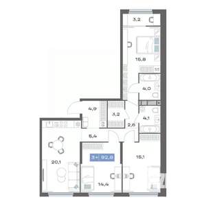 3-к квартира, строящийся дом, 93м2, 8/20 этаж