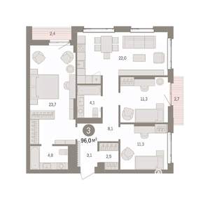 3-к квартира, вторичка, 96м2, 5/25 этаж