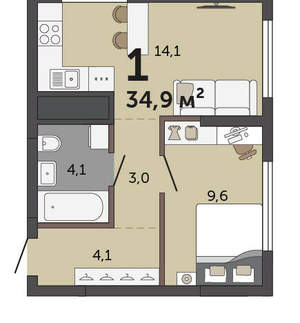 1-к квартира, вторичка, 35м2, 28/30 этаж