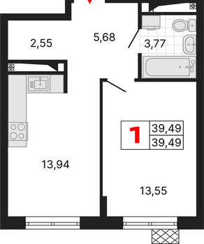 1-к квартира, вторичка, 39м2, 18/25 этаж