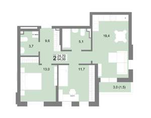 2-к квартира, вторичка, 64м2, 2/25 этаж