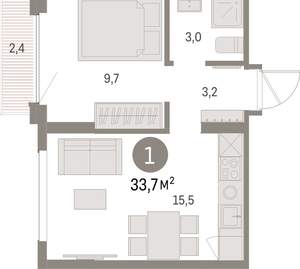 1-к квартира, вторичка, 34м2, 9/9 этаж