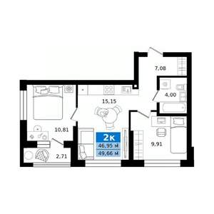 2-к квартира, строящийся дом, 50м2, 3/27 этаж