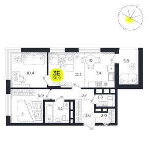 3-к квартира, вторичка, 57м2, 19/27 этаж