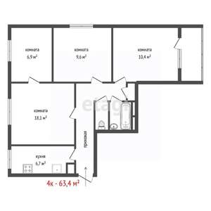 4-к квартира, вторичка, 63м2, 1/9 этаж