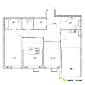 3-к квартира, вторичка, 100м2, 12/31 этаж