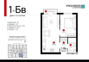 1-к квартира, вторичка, 36м2, 13/22 этаж