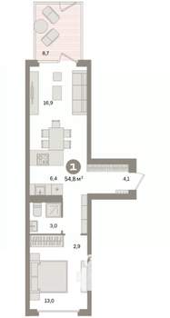 1-к квартира, вторичка, 55м2, 2/9 этаж