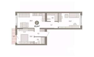 2-к квартира, вторичка, 63м2, 4/7 этаж