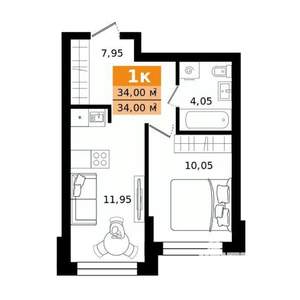 1-к квартира, строящийся дом, 34м2, 14/23 этаж