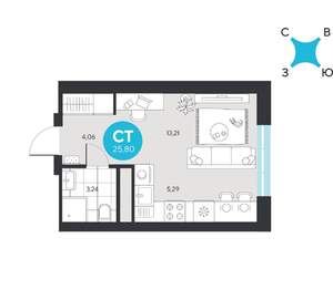 Студия квартира, строящийся дом, 26м2, 21/22 этаж