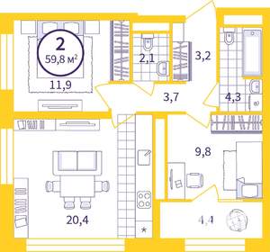2-к квартира, сданный дом, 58м2, 21/24 этаж
