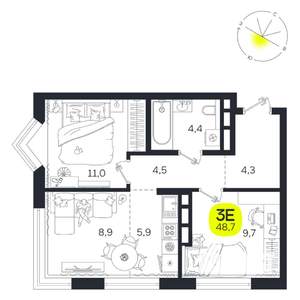 3-к квартира, вторичка, 49м2, 23/27 этаж