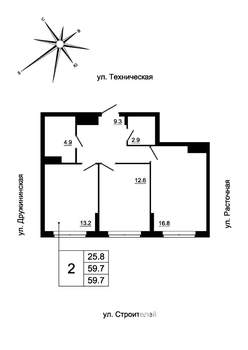2-к квартира, вторичка, 58м2, 13/19 этаж