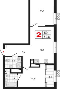 2-к квартира, вторичка, 63м2, 19/15 этаж