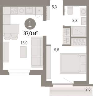 1-к квартира, вторичка, 37м2, 3/9 этаж