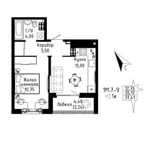 1-к квартира, вторичка, 37м2, 8/9 этаж