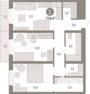 2-к квартира, вторичка, 78м2, 9/17 этаж
