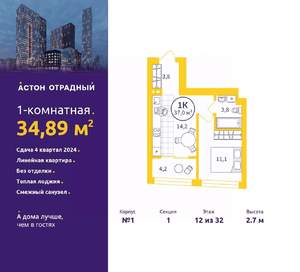 1-к квартира, вторичка, 35м2, 12/32 этаж