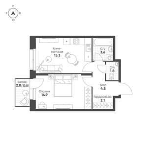 1-к квартира, строящийся дом, 43м2, 2/16 этаж