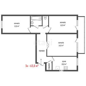 3-к квартира, вторичка, 64м2, 1/9 этаж